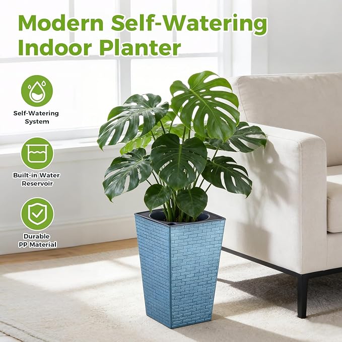 Self Watering Pots for Indoor Plants, 2 Pack Flower Pots Self Watering Planter 10.7" x 6.9" Plastic Pots African Violet Wick and Grow Pots Tall Orchid pots Square Large Plant Pots, Blue