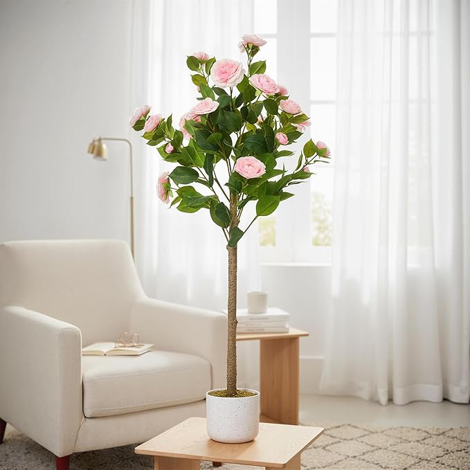 Garvee 4FT Artificial Camellia Tree 2 Pack, Faux Camellia Plant with White Planter and 24 Pink Flowers, 47" Fake Potted Flower Trees for Home and Office Decor, Pink