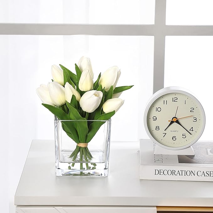 GarveeLife 12 Pcs Artificial Tulips Flowers, Real Touch Faux Tulip Stems for Vase, Home Kitchen Wedding Dining Table Decorations, Ideal Gift for Mother's Day, Easter, Valentine's Day (White)