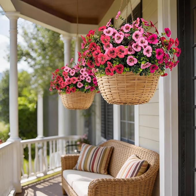 17 Inch Artificial Faux Pansy Flowers for Outdoor,Fake Pansies Flowers with Eucalyptus Leaves Fake Plants Greenery Boxwood Porch Patio Decor 6 Bundles(Pink,Dark Rose,Rose Red)