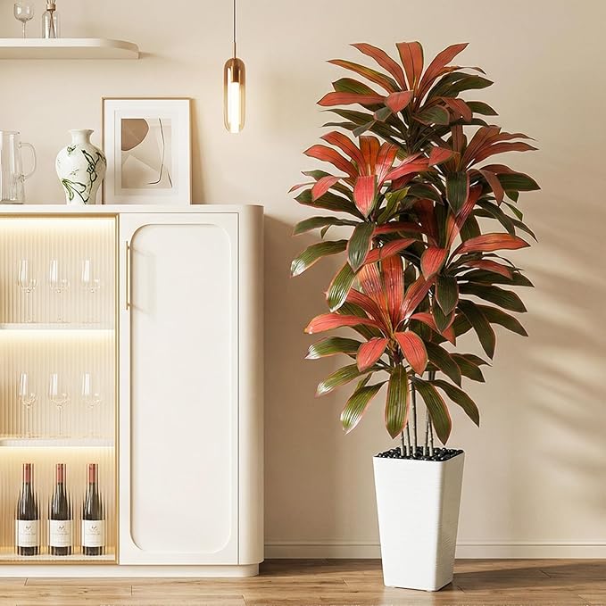 Artificial Dracaena Tree：6FT Faux Silk Tropical Yucca Floor Trees Realistic Fake Green Plant with Natural Wood Trunk & Lifelike Leaves for Home Office Decor Indoor & Outdoor (6FT,1-Pack,White)