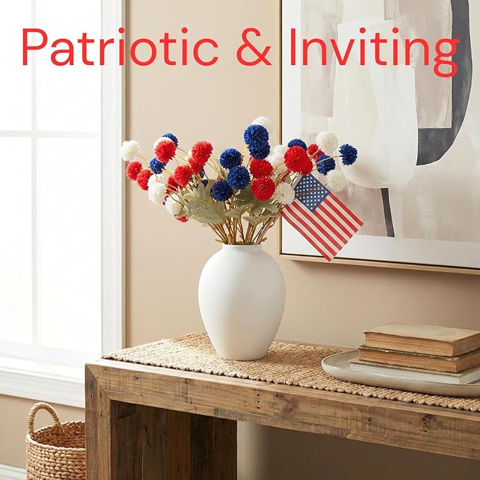 Red White and Blue Artificial Flower Arrangement 12 Stems with American Flag, 4th of July Table Decorations Centerpiece for Patriotic Home Decor, Independence Day Party, Memorial Day Decor