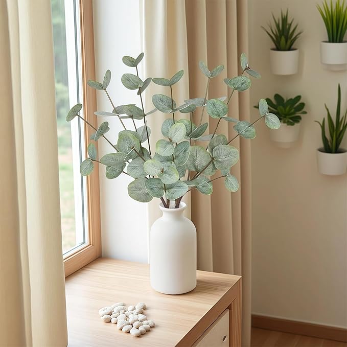 15" Artificial Eucalyptus Stems Potted Plant - Realistic Small Fake Desk Plants for Office Home Decor, Faux Plants in Frosted Ceramic Vase for Indoor Spaces, Wedding Centerpieces Table Decor（4pcs leaf