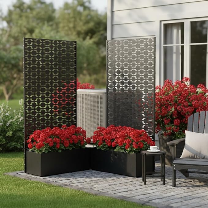 QINPTWUT Geometric Edition Privacy Screen Planter Box with Trellis, Metal Raised Garden Bed for Climbing Plants, 27 Gallon Outdoor Divider for Patio Balcony Backyard, Easy Assembly