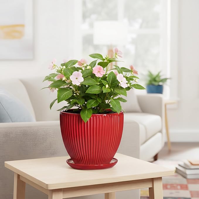 Ceramic Flower Pots 8 Inch, Ceramic Planters for Indoor House Plants, Decorative Plant Pots with Drainage Hole and Saucer, Modern Round Planter, Office Decor, Gifts for Men Women, Red