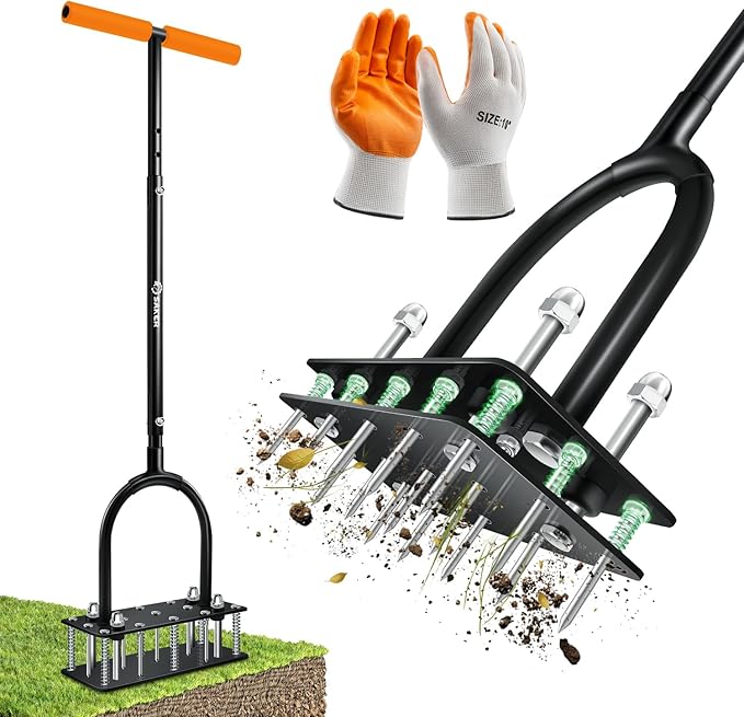 Saker Manual Lawn Aerator Tool, with 15 Iron Spikes Adjustable Height, Double-Layer Spring, Heavy-Duty Iron Lawn Aerator Tool with Gloves for Loosening Soil Aerating Patio, Yard, Garden Orange