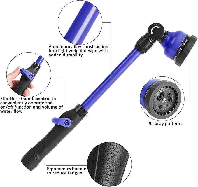 STYDDI Metal 9 Pattern Garden Watering Wand with Pivoting Head and Thumb Control, 18-Inch, Ideal for Hanging Baskets and Shrubs, Blue