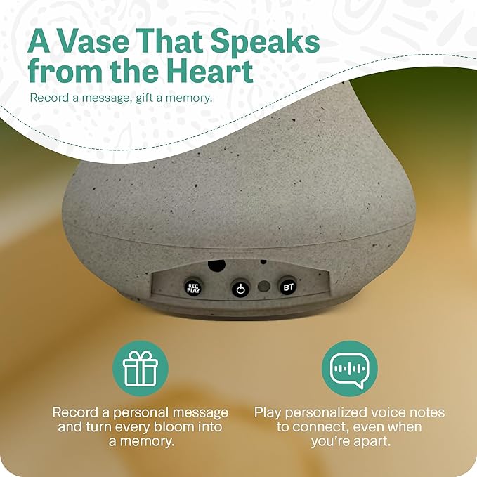 Interactive Robotic Vase for Flower Bouquets - Rustic Sand Speckled| Bluetooth Capable, Touch Sensitive Floral Holder | Record a Message for Mother's Day, Birthdays and More| 6x8.5 Inches