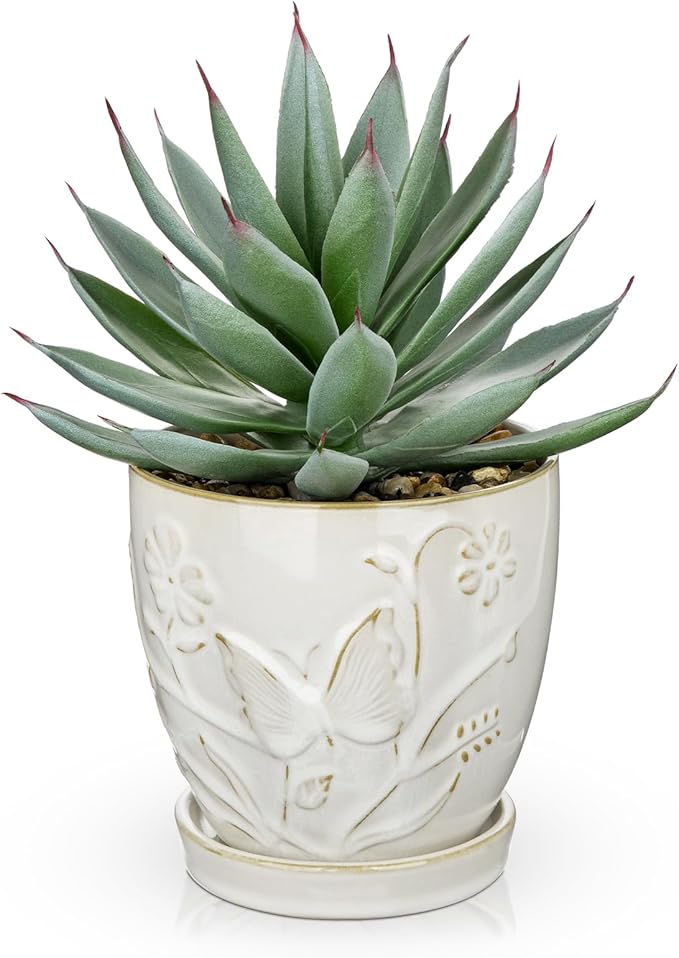 Briful Artificial Succulent Plant in White Ceramic Planter with Saucer, Small Fake Agave Plant, Faux Plant Indoor for Desk, Bathroom, Shelf, Office, Farmhouse Home Decor, 9 Inch