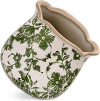 Vintage Ceramic Planter Pot with Drainage Holes, Green Floral Design, 6.11 Inch, Distressed Tuscan Style, Indoor Plant Pot and Vase (Green)