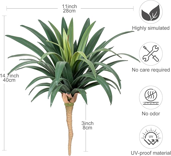 Artificial Agave Plant 15.74Inch ,UV Resistant Faux Agave Plant Outdoor, Large Fake Plants Indoor, Realistic Artificial Plants Without Pot for Outdoor Patio Garden Yard Indoor Home Decor (2 Packs)