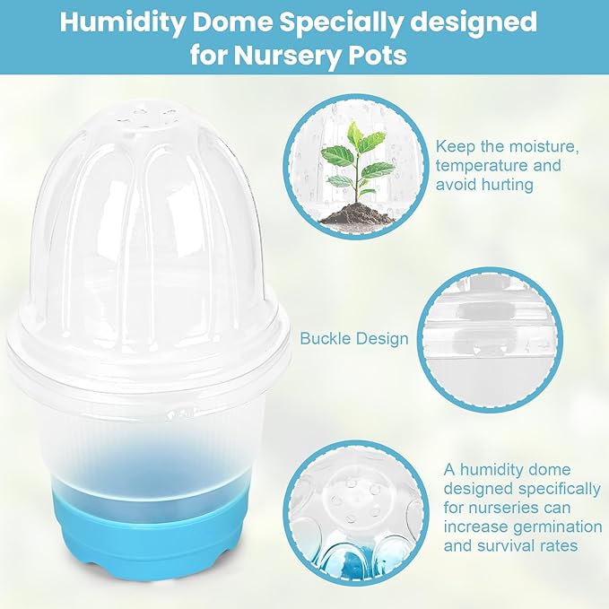 Sckee Clear Nursery Pots for Plants, 30 Packs Plastic Seed Starting Pots with Drainage Holes Plant Nursery Pots Silicone Base (Blue, 4 inch with lids)