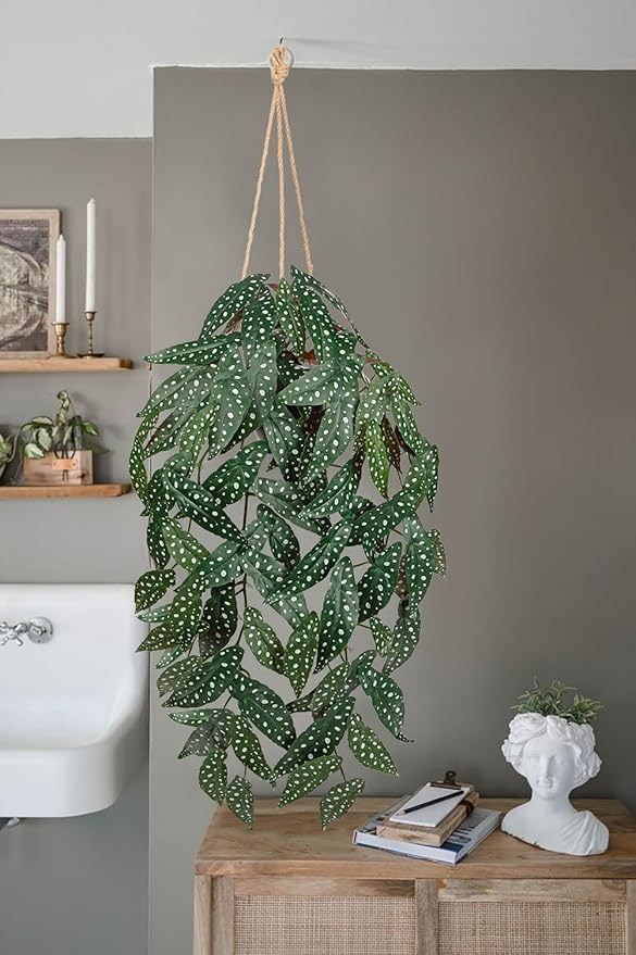 Large Fake Hanging Plants in Pot with Hook, 37" Artificial Hanging Begonia Vines Plants, Fake Potted Tropical Plants for Room Wall Living Room Bathroom Kitchen, Big Faux Ivy Houseplants for Shelf