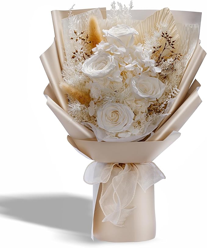 Bonsion Preserved Flowers Gifts for Women, Flower for Delivery, White Roses Gifts fo Her, Preserved Roses Bouquets, Birthday Gifts for Grandma, Mothers Day Flowers for Wife