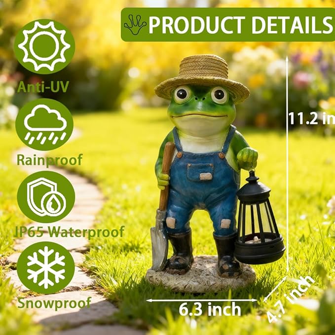 11'' Solar Frog Garden Decor Outdoor Statue with Lantern Gift Idea Light Decorations for Yard Garden Patio Mom Gift
