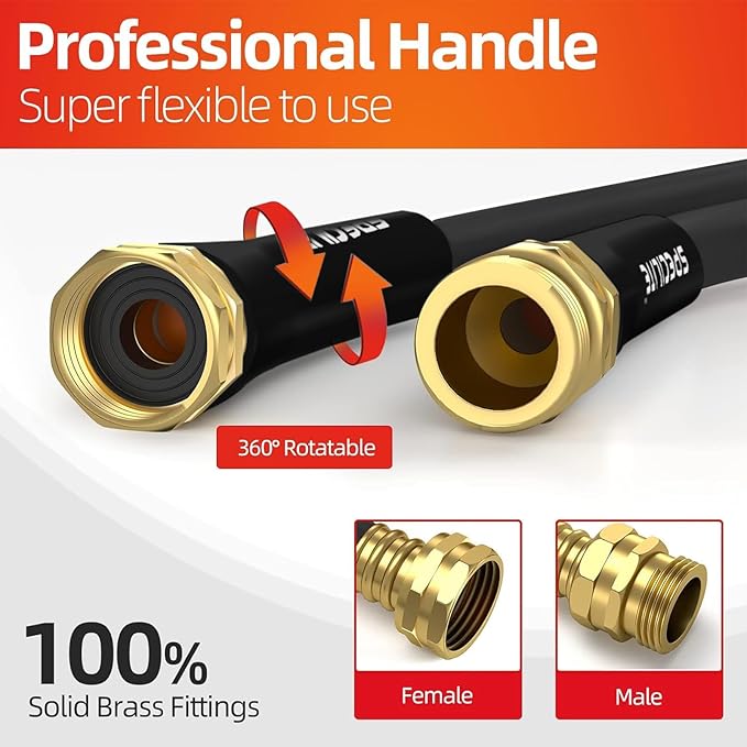 SPECILITE Garden Water Hose 200 ft x 5/8 in Heavy Duty, Flexible and Lightweight, Burst 600 psi, Kink-less Hybrid Rubber Pipe for Backyard, 3/4'' Brass Fittings, Black