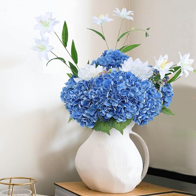 Coferset Deep Blue Hydrangea Artificial Flowers 3pcs Lifelike Faux Hydrangea Real Touch Fake Flowers for Home Wedding Christmas Office Party Living Room Decoration,22inch