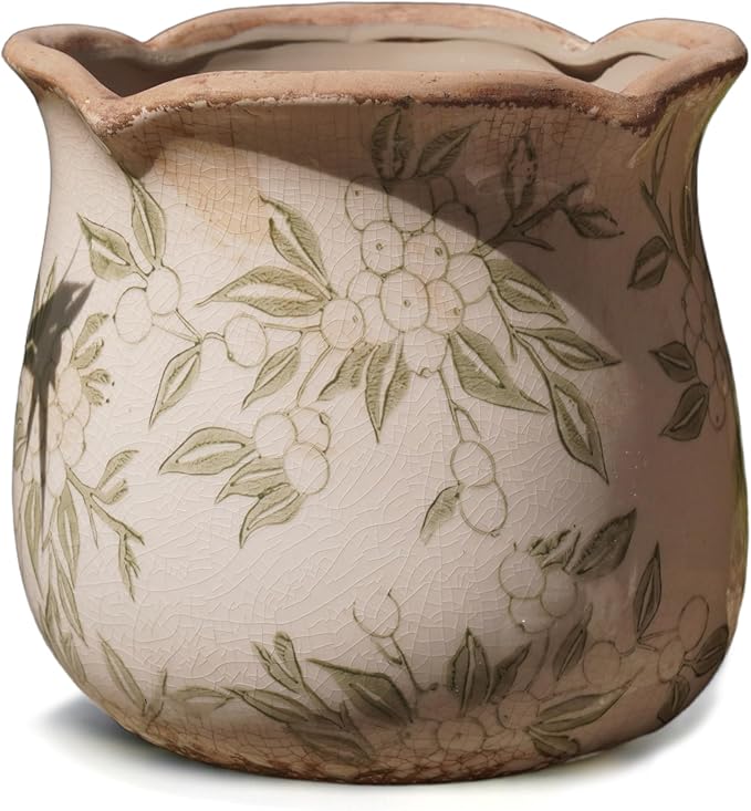 Dosayes Rustic Ceramic Planter, 6 Inch Tuscan Vintage Flower Pot with Drainage, Farmhouse Garden Pot for Indoor Plants, Kitchen & Garden Tuscan Decor, Plant Lover Gift (Light Green)