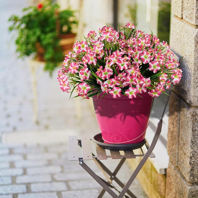 LikSoor Outdoors Artificial Flowers Spring Summer Decor Fake Petunias UV Resistant Flower Faux 12 Bundles Realistic Plastic Plant Porch Patio Window Box Garden Decoration (Rose Red)