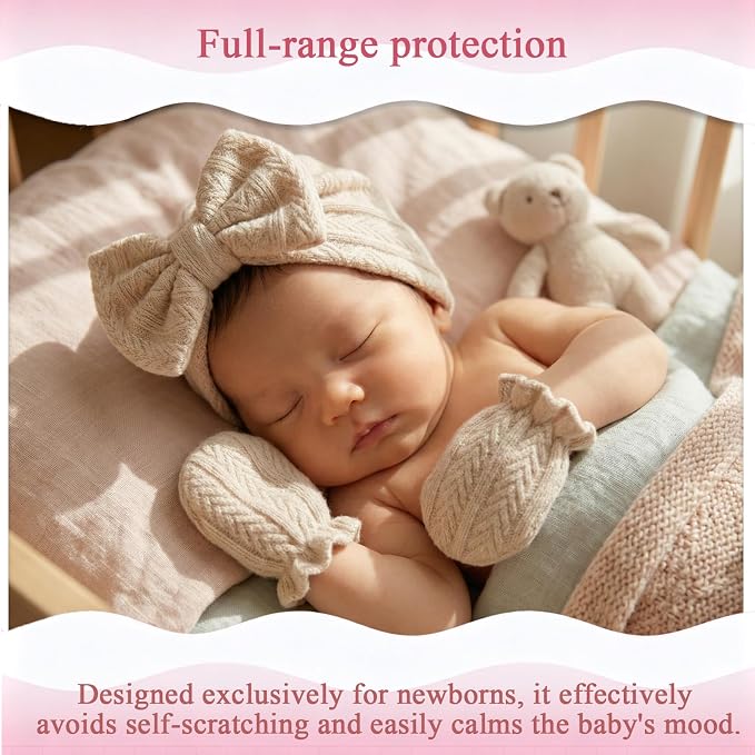 Newborn Baby Girl Hats Mittens Set Cotton Hospital Bow Hat Beanies Caps Gloves for New Born Girls 0-6 Months