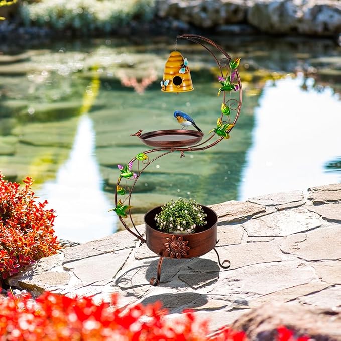 DREAMSOUL Bird Bath with Flower Planter, Vintage Copper Birdbath with Bird House, Metal Bird Bath for Outside Garden Yard