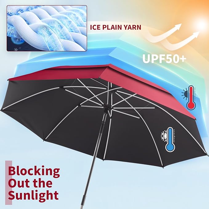 48.6" Double Canopy Beach Umbrella with Clamp, UPF50+ Beach Chair Umbrella with clip, 360°Adjustable Portable Outdoor Wheelchair, Patio, Golf Carts,Camping(Wine Red)