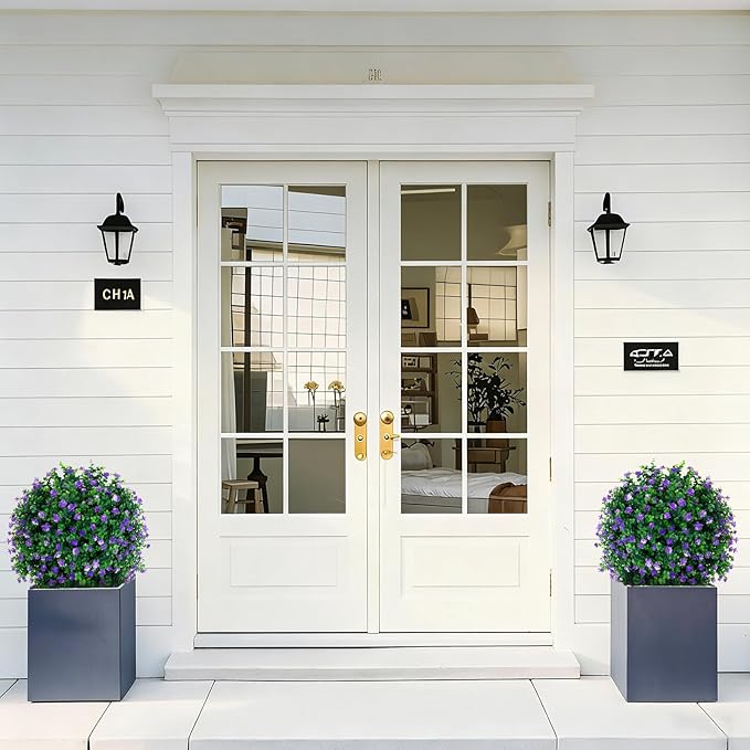 Artificial Purple Flower Boxwood Topiary Ball Trees,2 Set of 16'' UV Resistant Fake Evergreen Shrubs Bushes Plants with Ground Spike, Fake Plants for Outdoor Indoor Front Porch Garden