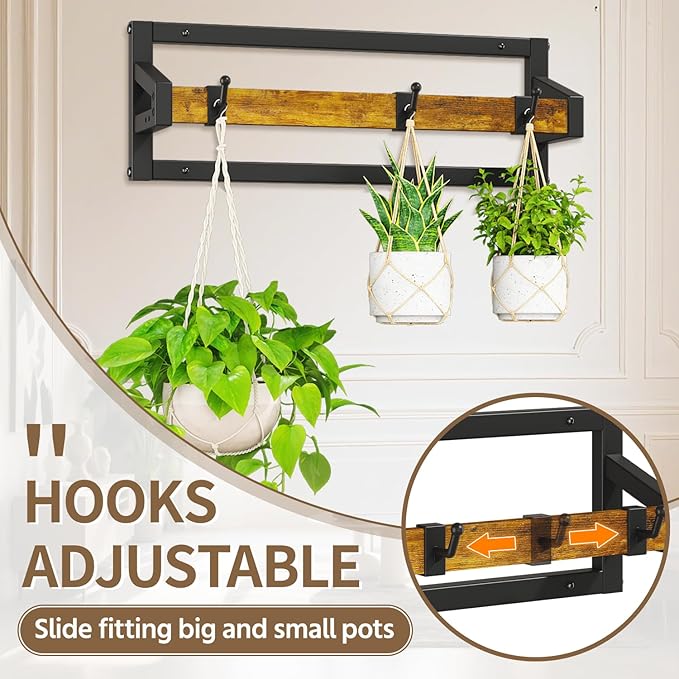 LASZOLA 2 Pcs Plant Hanger Indoor with 6 Heavy Duty Hanging Hooks, Metal and Wood Wall Mounted Plant Hanging Rod, Plant Shelves Holder Bar for Kitchen Window Ceiling (Pot/Chain/Plants not Included)