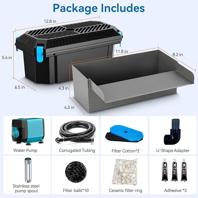 POPOSOAP 12INCH Stainless Steel Pond Waterfall Spillway with Multi-Stage Filter, 40W 660GPH Submersible Pump Kit with 9.8FT Tubing for Garden Ponds, Koi Ponds, Aquariums,Outdoor Landscapes-P7331