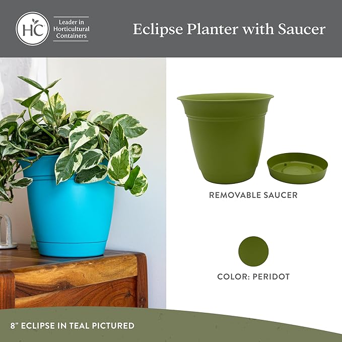 The HC Companies 6 Inch Eclipse Round Planter Pots with Drainage Holes & Attached Saucer, Lightweight UV-Resistant Plastic Indoor Outdoor Planters, 4-Pack Flower Pots for Garden & Home Decor, Peridot