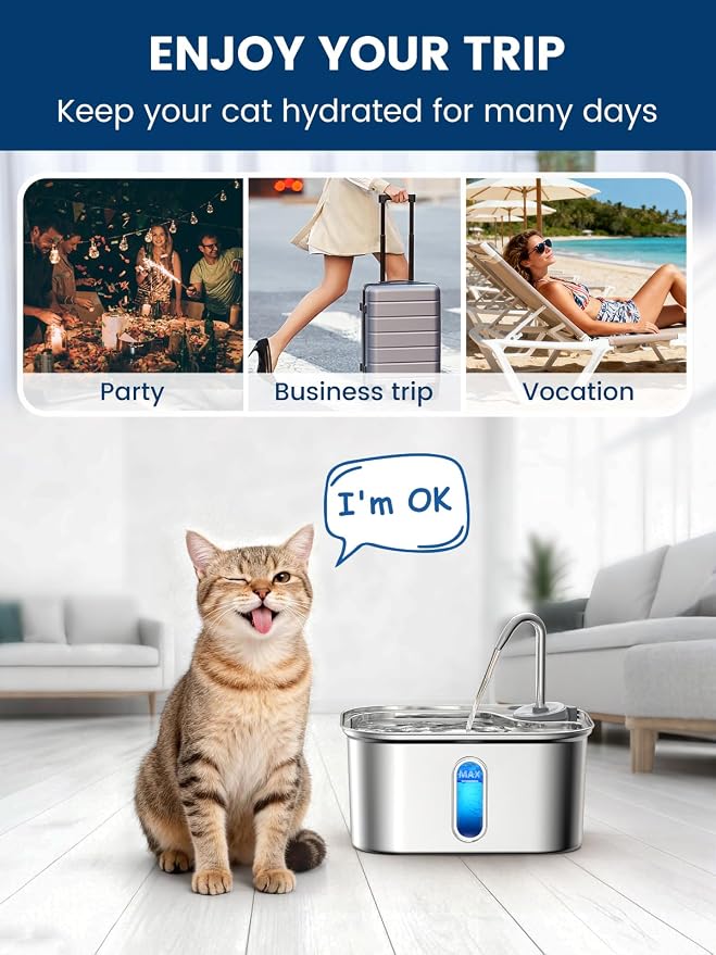 Cat Water Fountain Stainless Steel for Cats Indoor 2.5L 85oz by BPA-Free SUS304, Effective 6-Layer Filter Cat Fountain for Drinking 20dB Ultra Quiet & Soft Flow Metal Pet Water Fountain