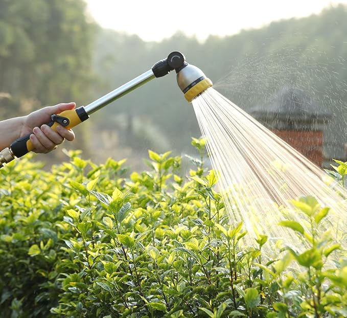 FANHAO 16 Inches Garden Watering Wand, 180° Rotating Head Hose Wand with Thumb Control Shut Off Valve 8 Patterns Heavy Duty Garden Hose Nozzle Yellow