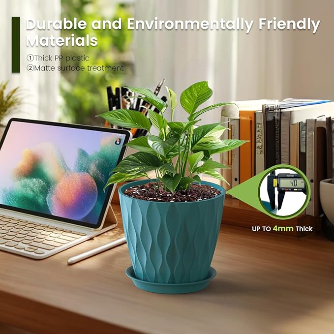 Meowell 7 inch Plant Pots for Indoor Outdoor Plants, 5 Pack Thick Flower Pots with Drainage Holes and Saucers, 3D Modern Wave Texture Plastic Planter Pots for Nursery and House Plants, Blue Green