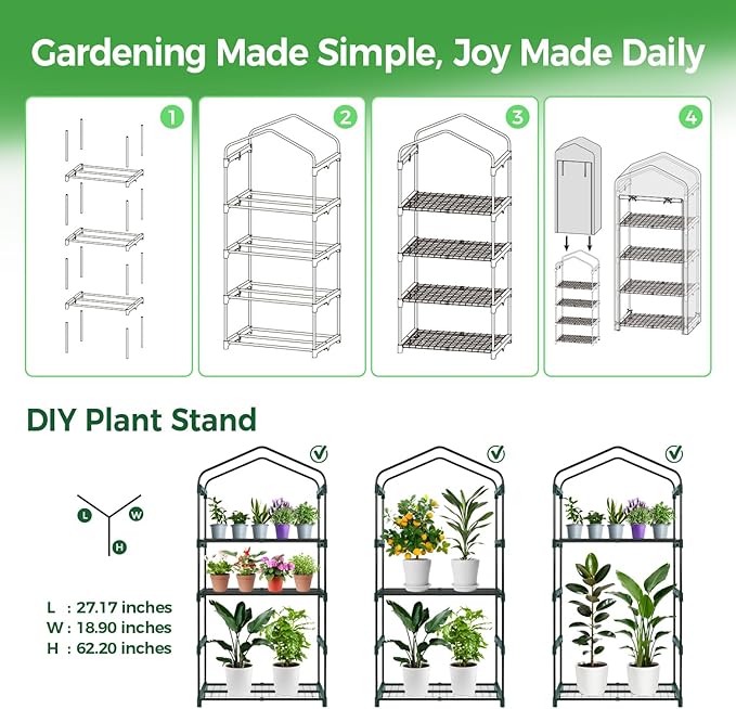 Ohuhu Mini Greenhouse for Indoor Outdoor, Small Plastic Plant Green House 4-Tier Rack Stand Portable Greenhouses with Durable PE Cover for Seedling, 2.5x1.6x5.2 FT, Ideal Gardening Gifts for Women Men