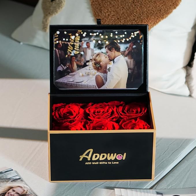 ADDWel Preserved Rose Gift Box with 4x6 Photo Frame, Romantic Flower Gifts for Women, Wife or Girlfriend, 6 Eternal Roses for Delivery on Christmas, Birthday, Anniversary, Valentine’s Day