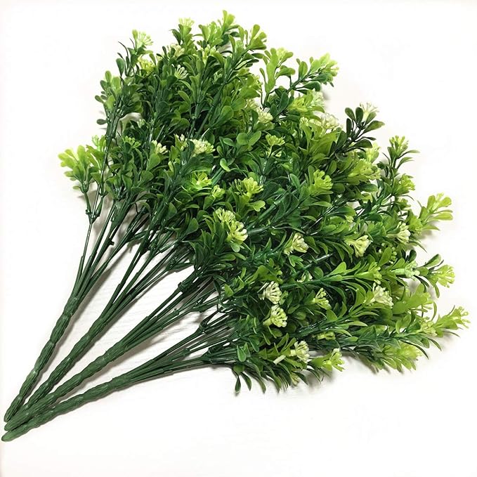 PASYOU Artificial Shrubs, Plastic Plants Fake Bean Shrub Bushes Grass Greenery Leaves Bush Indoor Outdoor Home Garden Party Verandah Wedding DIY Table Arrangement Decoration Planter Filler 8 Pack