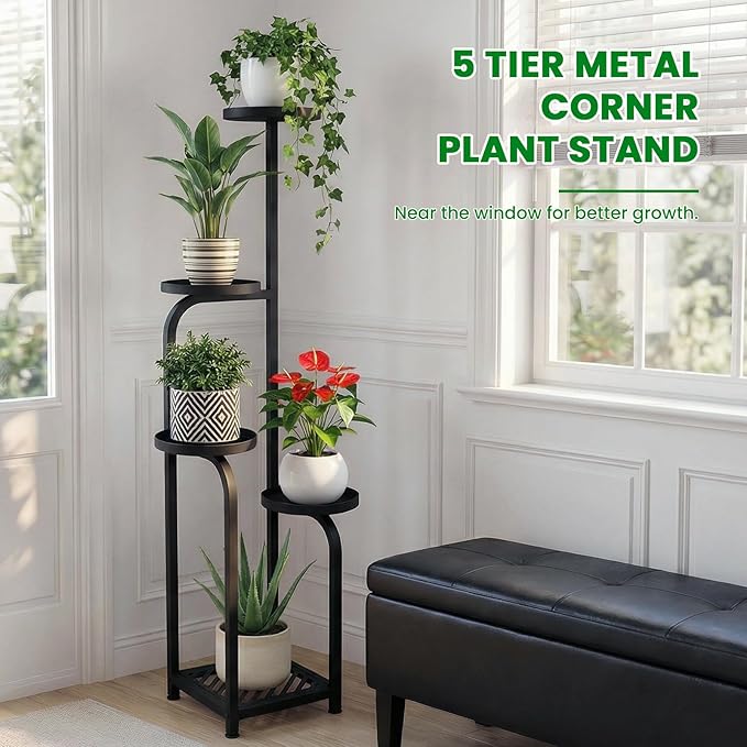 TOSKING 5 Tier Tall Plant Stand Indoor Outdoor,Anti-Tip Plant Stand indoor, Wide Base for Pots, Child and Pet Friendly,Heavy Duty Corner Shelf for Plants & Decor, Space Saving ,Tiered Metal Flower Pot Stand for Balcony, Garden, Living Room, Patio (Blac...