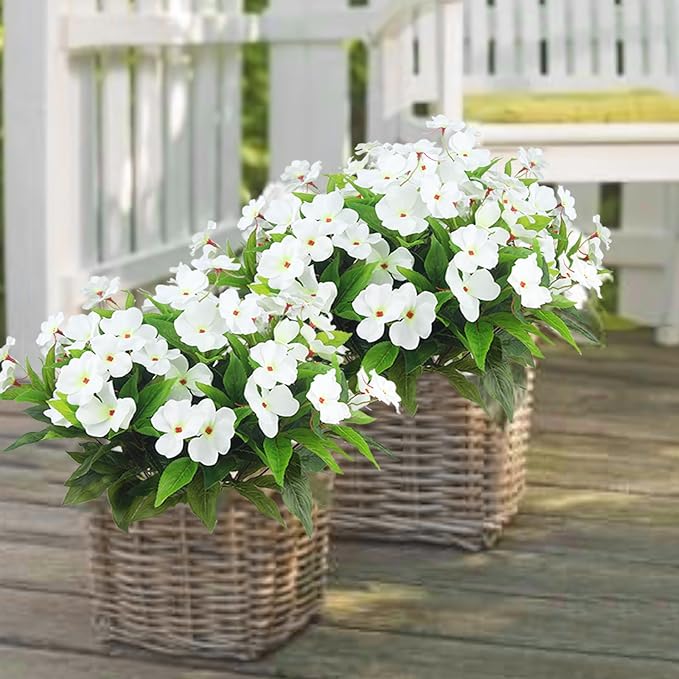 CITYES 4 Pcs Artificial Flowers Outdoor Impatiens UV Resistant Silk Impatiens Flowers White Faux Flowers Impatiens Bushes Artificial Impatiens for Pot Patio Lawn Garden Hanging Basket Porch Decor