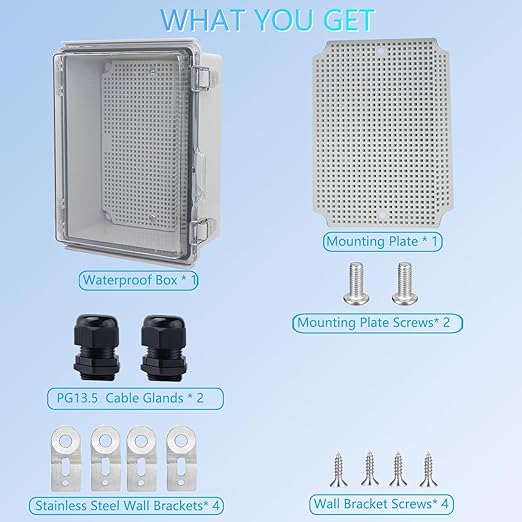 Waterproof Junction Box, ABS Plastic Electrical Box with Stainless Steel Latch, Hinged Cover Electric Project Enclosure Box with Mounting Plate, Wall Brackets & Cable Gland 8.7"x6.7"x4.3"