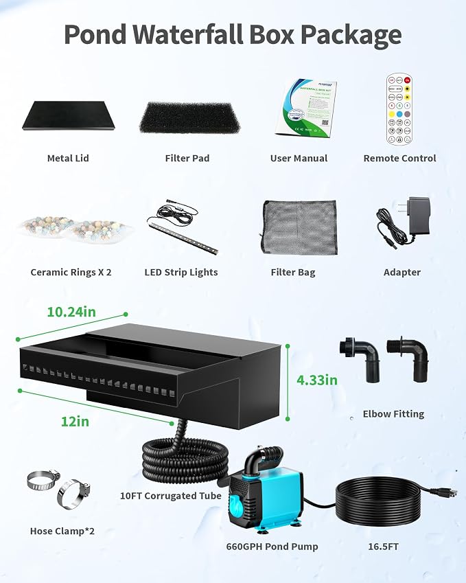 POPOSOAP 12Inch Pond Waterfall Spillway with RGB LED Lights & APP/Remote Control, 660GPH 40W Pond Spillway with 304 Stainless Steel & 9.8FT Tube for Ponds Garden Landscape Water Features-P43DS