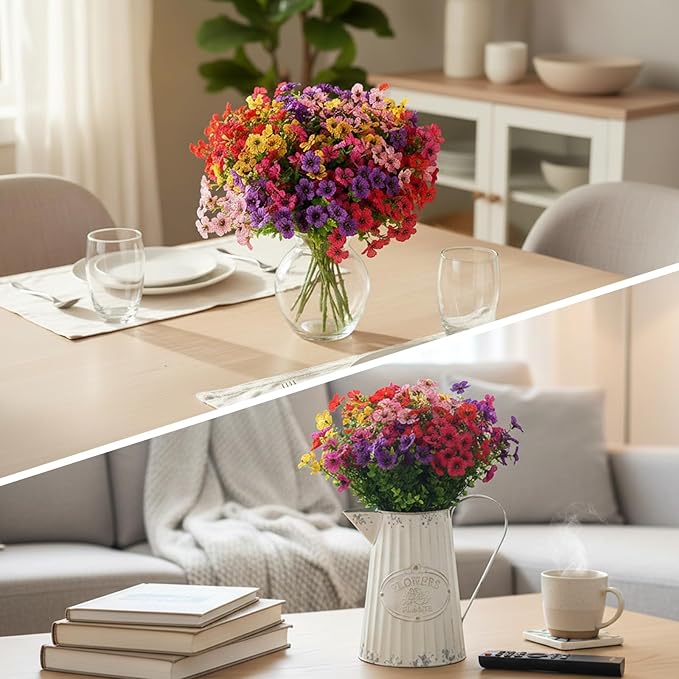 CEWOR 12 Bundles Artificial Flowers for Outdoor Indoor, Fake Silk Daisy with Eucalyptus Leaves, Faux Flower for Garden Front Door Porch Planter Patio Home Decor (6 Multicolor)