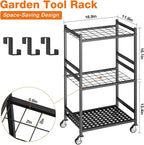 Garden Tool Organizer with Wheels, Heavy-Duty Yard Tool Rack with 3 Side Hooks, Holds Up to 40 Long-Handled Tools, Metal Garage Tool Storage for Lawn & Outdoor Organization