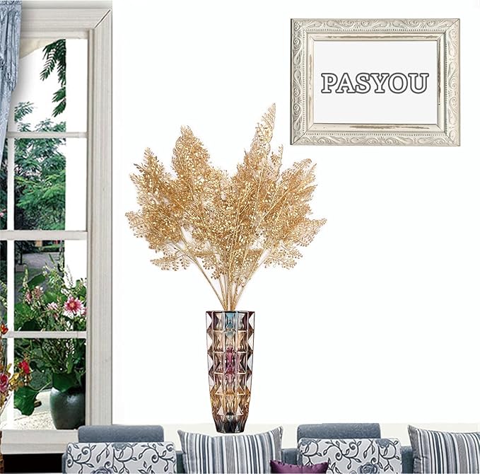 Fake Plants for Christmas Decor, PASYOU Artificial Gold Flowers Plastic Grass Shrubs Leaves Indoor Outdoor Home Garden Party Hotel Verandah Wedding Event Faux DIY Decoration - 30 Inch Golden 2 Bunches