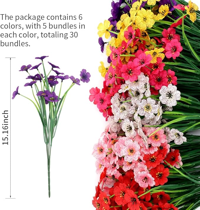 Artificial Outdoor Flowers 30 Bundles UV Resistant Fake Flowers No Fade Faux Plastic Plants Garden Porch Window Box Porch Farmhouse Hanging Decor(Mix Six Colors)