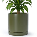 D'vine Dev 10 Inch Ceramic Planter Pot with Drainage Hole and Saucer, Indoor Cylinder Round Planter Pot, Olive, 94-O-E-J