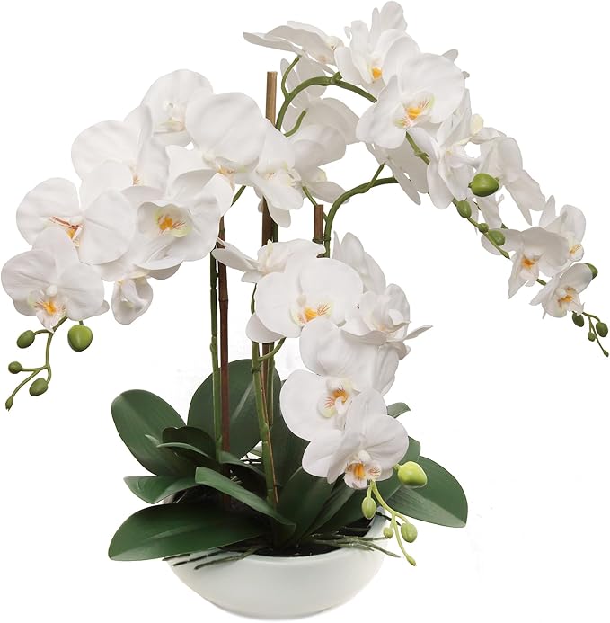 Larksilk 20" White Phalaenopsis Orchid Flowers in 8" Round White Pot | Realistic Faux Orchid | Elegant Indoor Decor for Home & Office