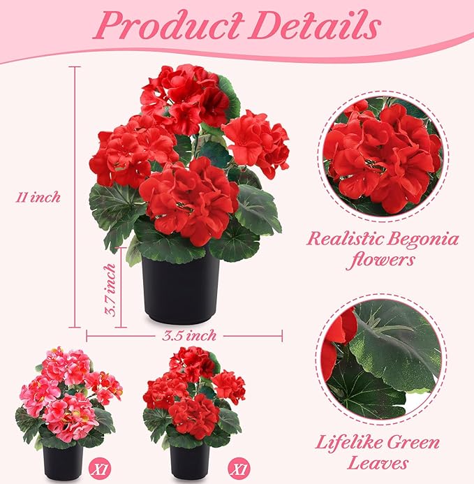 TURNMEON 2 Pack Artificial Geranium Fake Flowers for Outdoors Spring Summer Decor, Silk Geraniums Flowers UV Resistant Faux Flower Potted Plants for Gardens Farmhouse Indoor Home Table Decor (Mixed)
