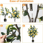 3.6FT Artificial Camellia Fake Tree, Artificial Plants & Flowers with 32 Yellow Flowers for Door Front Decoration Porch Patio Living Room Office Indoor Outdoor Decoration (Contains Dried Moss)