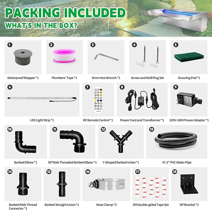 LONGRUN with lid Stainless Steel Waterfall Spillway, APP Control Multi-Color LED Light Outdoor Pool Fountain, Water Spillway Koi Pond Waterfalls Fountains Kit for Garden Patio Swimming Pool-23.6"