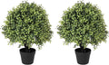 24" Faux Boxwood Plants Outdoor, Artificial Topiary Ball Trees Set of 2, UV Resistant Fake Potted Evergreen Realistic Greenery Bushes Shrubs for Outside Front Porch Planter Patio Indoor Decor 2ft Tall